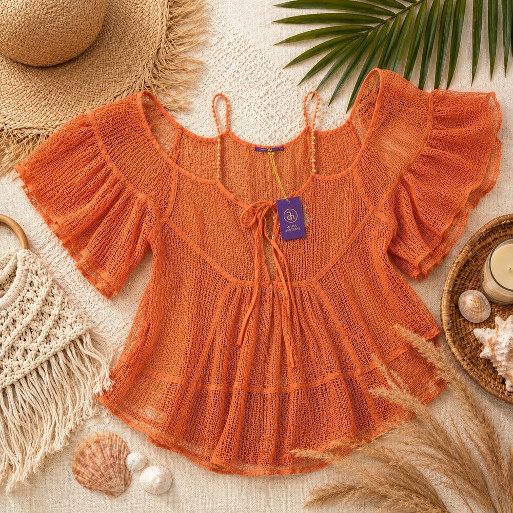Amita Naithani Orange Mesh Boho Cover Up Top Flutter Sleeve Medium NWT